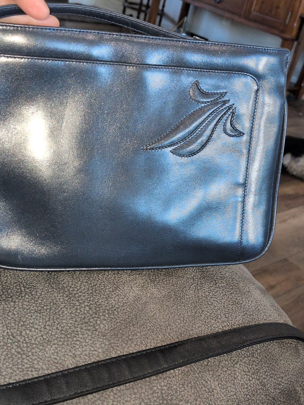 Salvadore Ferragamo Vintage 80s Deep Blue Leaf/Flame Stiching 100% Calfskin Bag